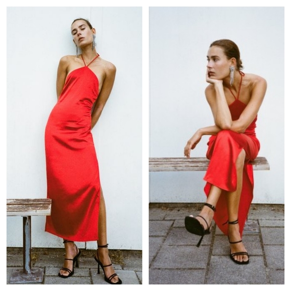 Zara Red Satin Halter Midi dress Medium - Picture 1 of 6